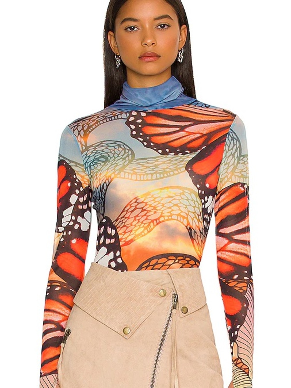 AFRM Sheer Mesh Butterfly Print Mock Neck Long Sleeve Y2K Top whimsigoth fairy - Picture 6 of 6